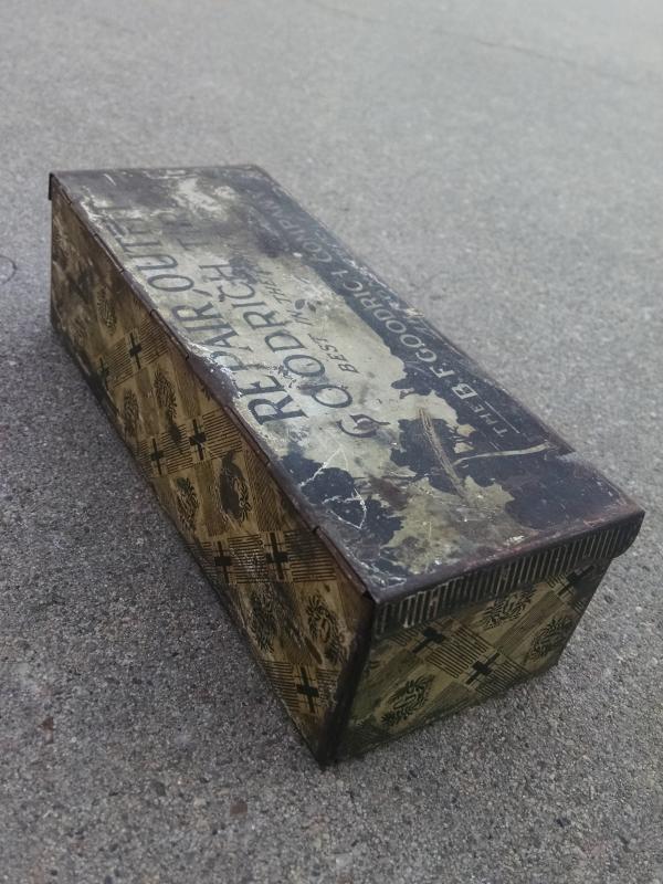 B F Goodrich Akron Ohio advertising tin can repair garage station canister flip lid style metal box
