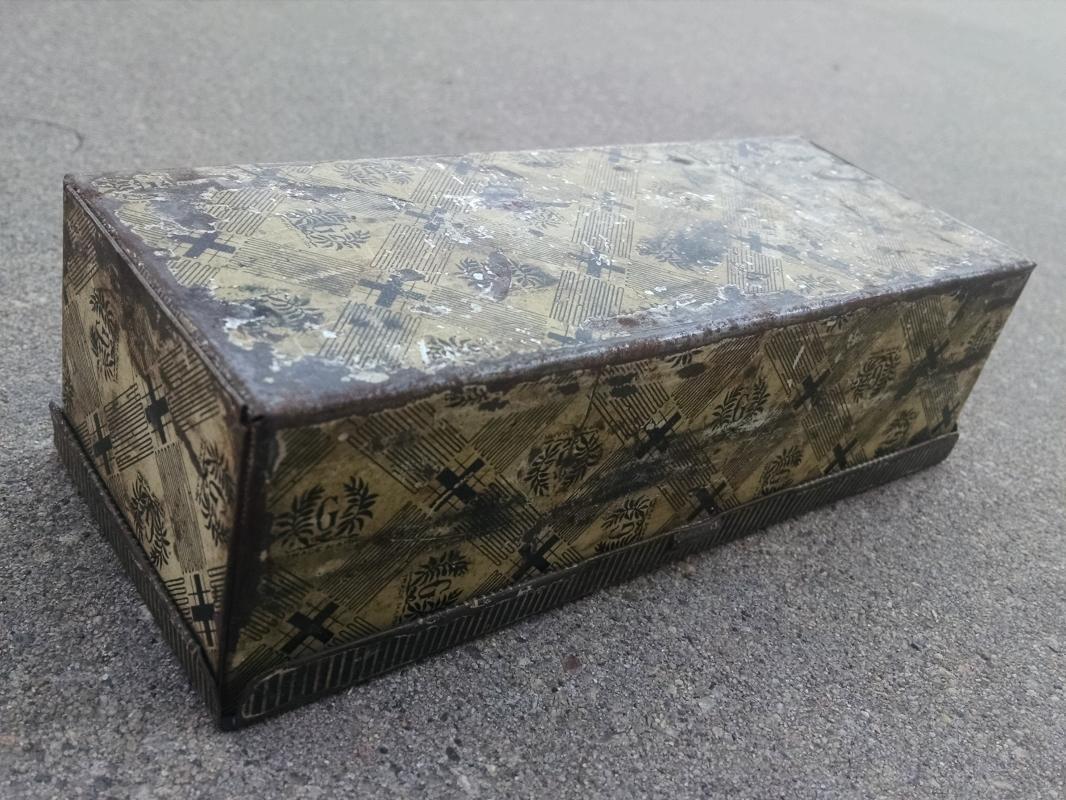 B F Goodrich Akron Ohio advertising tin can repair garage station canister flip lid style metal box