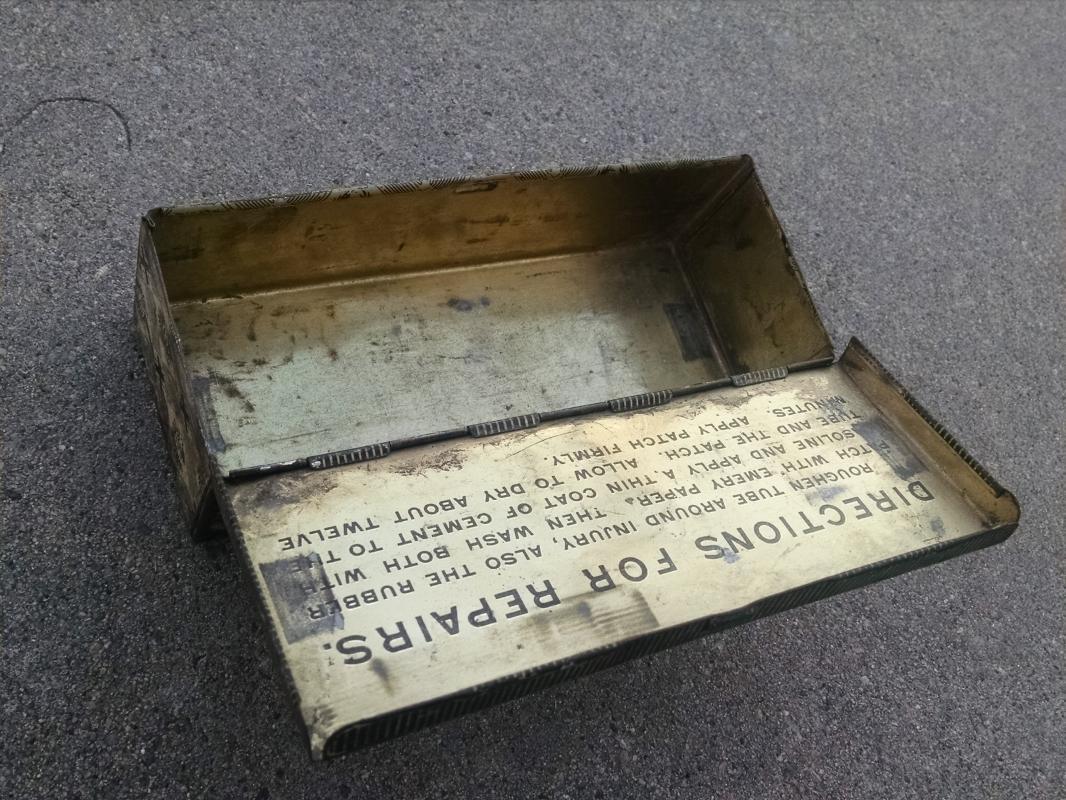 B F Goodrich Akron Ohio advertising tin can repair garage station canister flip lid style metal box