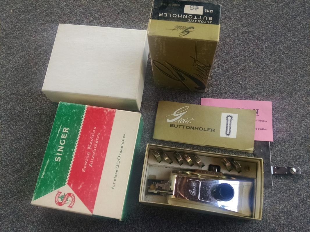greist home seamstress sewing machine attachment part buttonholer tool set singer usa original factory advertising box