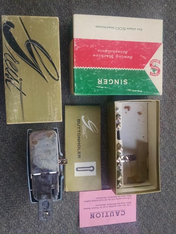 greist home seamstress sewing machine attachment part buttonholer tool set singer usa original factory advertising box
