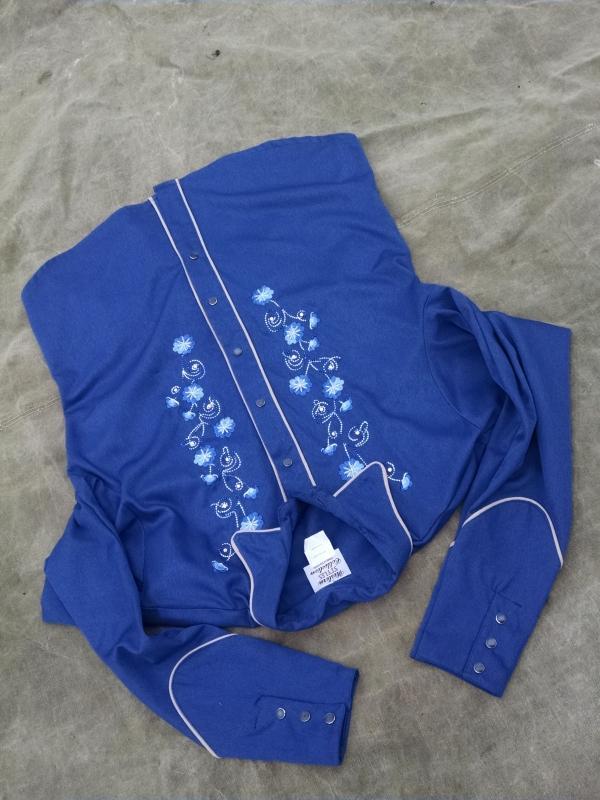western collection cowgirl ladies shirt rhinestone floral flower pearly look buttons crinkled rayon blue blouse USA manufactured retro garment