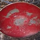 steel round disc style sled 1950's snow hill sliding equipment childrens winter toy old red painted wall decoration retro game room ornament