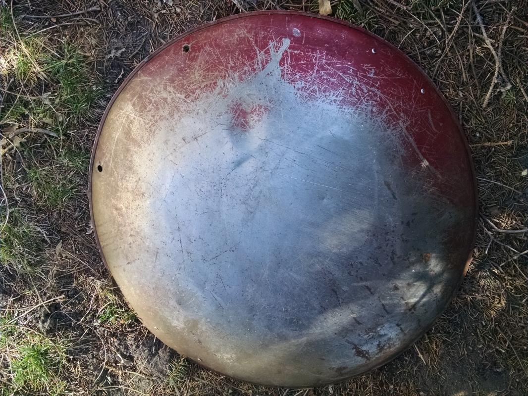 steel round disc style sled 1950's snow hill sliding equipment childrens winter toy old red painted wall decoration retro game room ornament