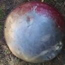 steel round disc style sled 1950's snow hill sliding equipment childrens winter toy old red painted wall decoration retro game room ornament
