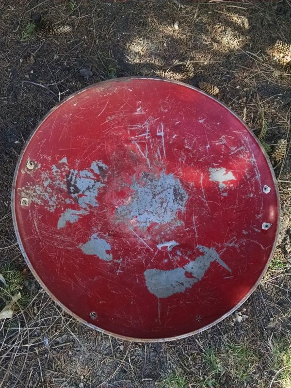 steel round disc style sled 1950's snow hill sliding equipment childrens winter toy old red painted wall decoration retro game room ornament