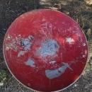 steel round disc style sled 1950's snow hill sliding equipment childrens winter toy old red painted wall decoration retro game room ornament