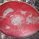 steel round disc style sled 1950's snow hill sliding equipment childrens winter toy old red painted wall decoration retro game room ornament
