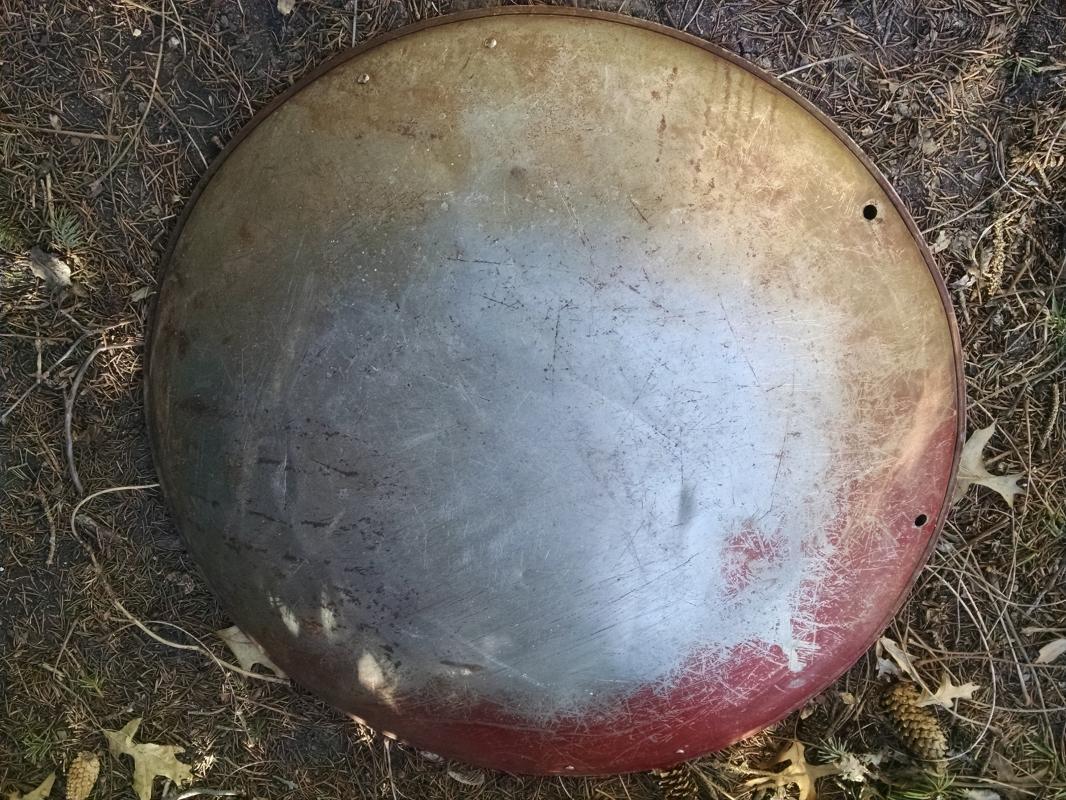 steel round disc style sled 1950's snow hill sliding equipment childrens winter toy old red painted wall decoration retro game room ornament