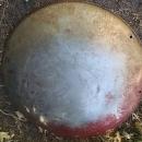 steel round disc style sled 1950's snow hill sliding equipment childrens winter toy old red painted wall decoration retro game room ornament