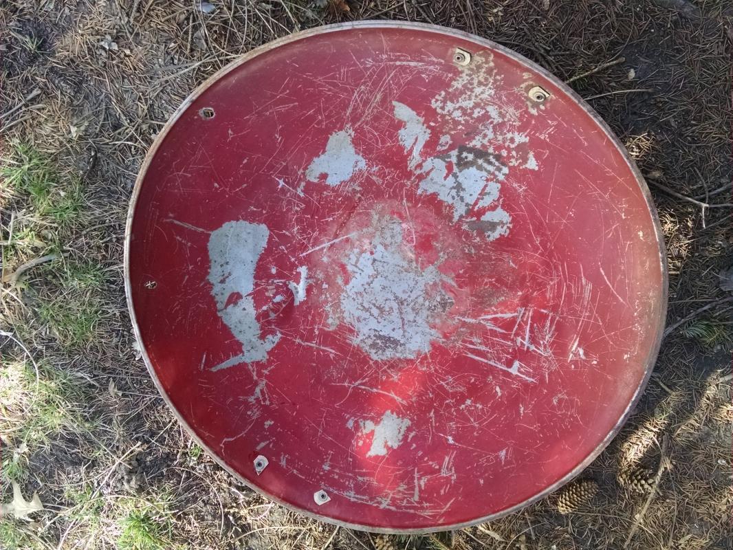 steel round disc style sled 1950's snow hill sliding equipment childrens winter toy old red painted wall decoration retro game room ornament