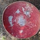 steel round disc style sled 1950's snow hill sliding equipment childrens winter toy old red painted wall decoration retro game room ornament