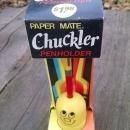 CHUCKLER HAPPY FACE PENHOLDER PENCIL PEN STAND RETRO BOBBLEHEAD NODDER DESK ACCESSORY ORIGINAL GILLETE CARDBOARD BOX 1970'S OFFICE DECORATION ORNAMENT