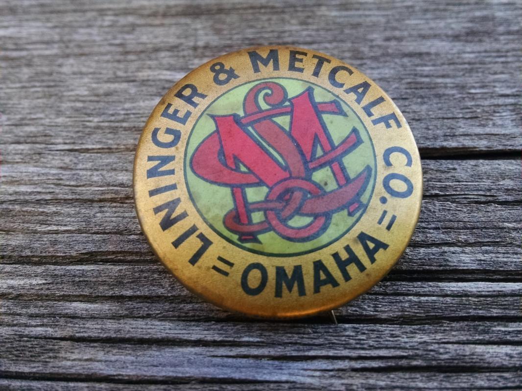 lininger metcalf omaha nebraska advertising button celluloid lapel pin whitehead hoag newark new jersey manufacturer marks union made paper label 1896 patent date