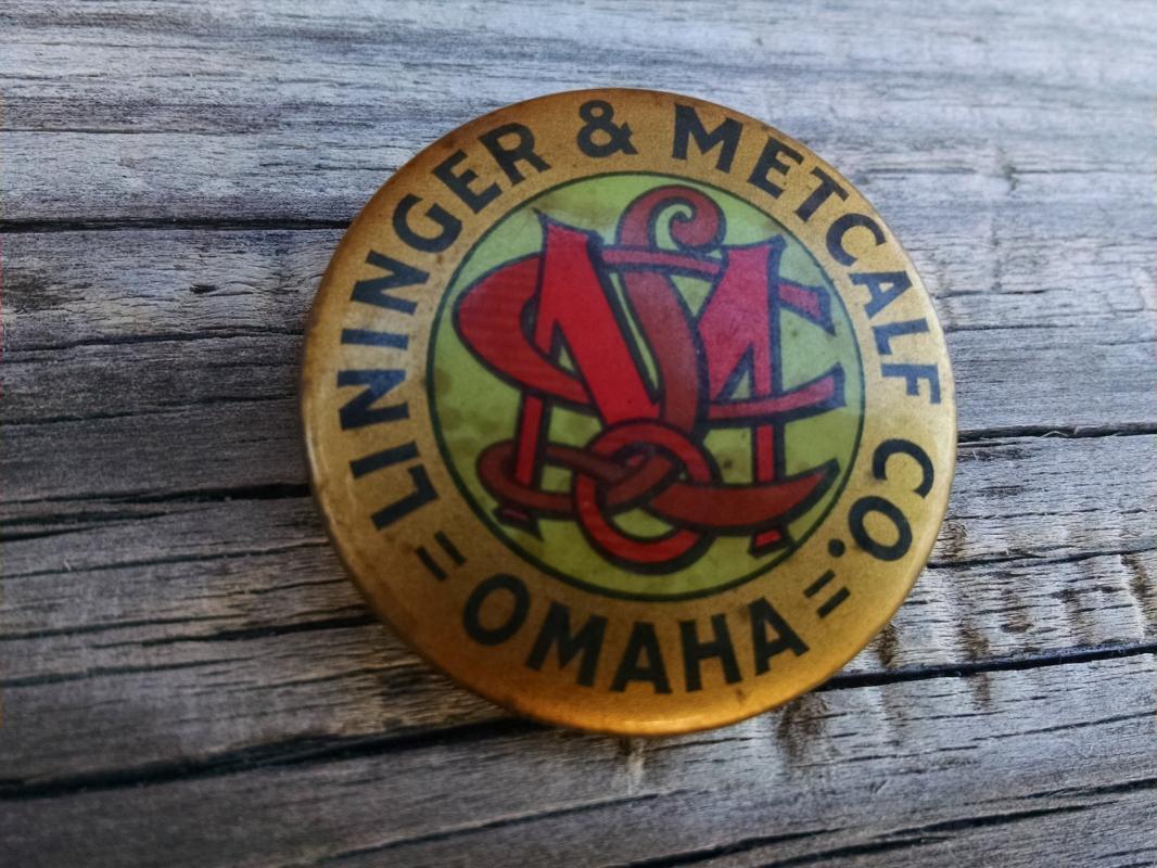 lininger metcalf omaha nebraska advertising button celluloid lapel pin whitehead hoag newark new jersey manufacturer marks union made paper label 1896 patent date