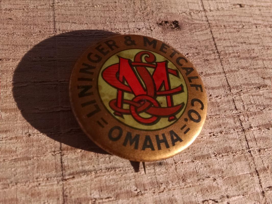 lininger metcalf omaha nebraska advertising button celluloid lapel pin whitehead hoag newark new jersey manufacturer marks union made paper label 1896 patent date