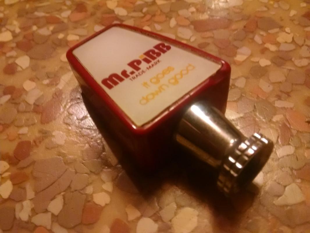 mr pibb soda fountain tap handle knob soft drink dispenser machine part it goes down good 1970's era company advertising slogan