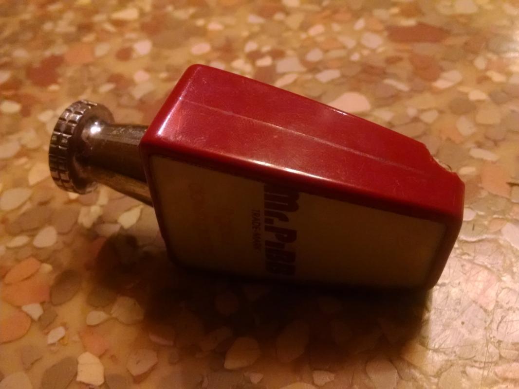 mr pibb soda fountain tap handle knob soft drink dispenser machine part it goes down good 1970's era company advertising slogan