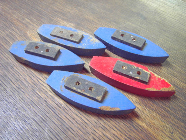 WOODEN BOAT RED BLUE PAINTED CHILDS TOY SHIP BARGE
