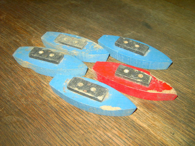 WOODEN BOAT RED BLUE PAINTED CHILDS TOY SHIP BARGE