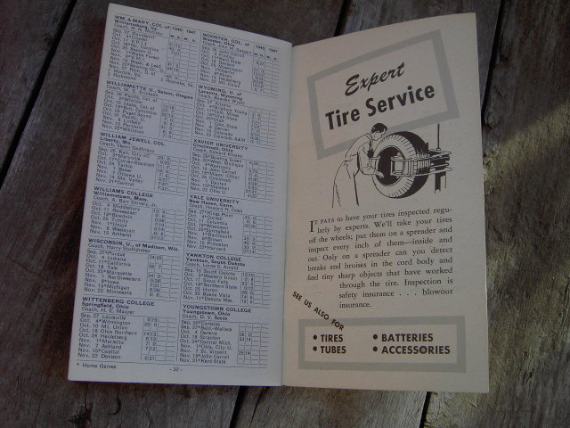 COLLEGE FOOTBALL GUIDE 1947 B F GOODRICH YORK NEBRASKA GEIS TIRE SHOP SUZ SAYGER TIFFIN OHIO