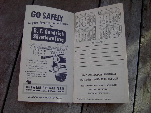 COLLEGE FOOTBALL GUIDE 1947 B F GOODRICH YORK NEBRASKA GEIS TIRE SHOP SUZ SAYGER TIFFIN OHIO