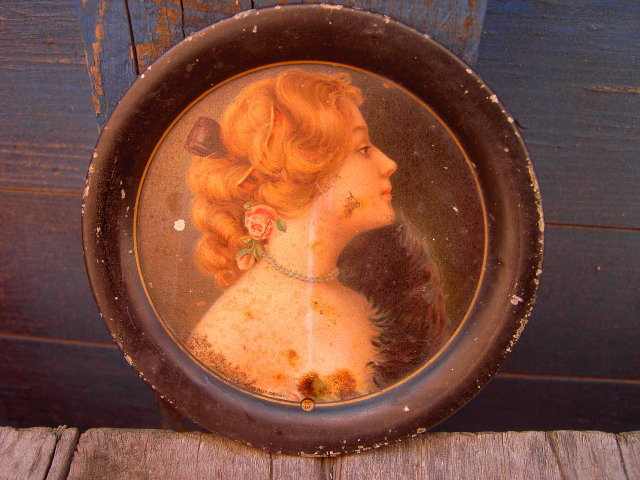 VICTORIAN LADY COASTER TRAY MEEK COMPANY 1907 TIPTON KANSAS C K ROSS ADVERTISING SMALL TIN PLATE TRAY