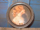 VICTORIAN LADY COASTER TRAY MEEK COMPANY 1907 TIPTON KANSAS C K ROSS ADVERTISING SMALL TIN PLATE TRAY
