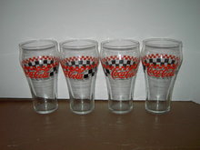 COKE GLASS TUMBLERS RED BLACK CHECKERBOARD AUTO RACING STYLE