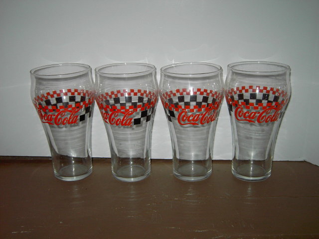 COKE GLASS TUMBLERS RED BLACK CHECKERBOARD AUTO RACING STYLE
