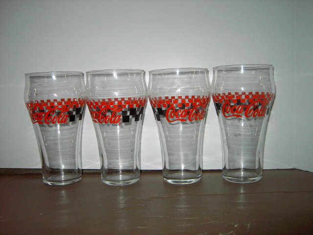 COKE GLASS TUMBLERS RED BLACK CHECKERBOARD AUTO RACING STYLE