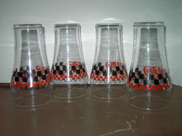 COKE GLASS TUMBLERS RED BLACK CHECKERBOARD AUTO RACING STYLE