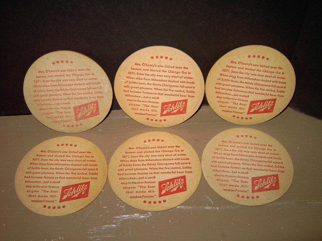 SCHLITZ BEER MRS O' LEARY'S COW CHICAGO FIRE BEVERAGE COASTER ADVERTISING BAR COCKTAIL ACCESSORY