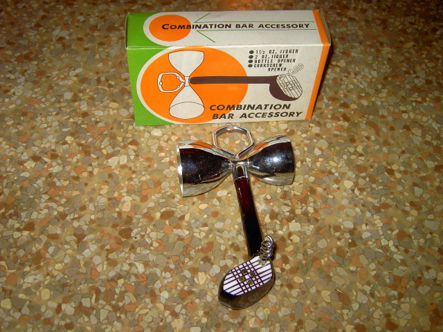 GOLF CLUB DRIVER COMBINATION BAR ACCESSORY JIGGER BOTTLE OPENER CORKSCREW COCKTAIL SERVING UTENSIL ORIGINAL RETRO CARDBOARD BOX