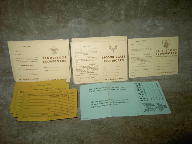 BOY SCOUTS OF AMERICA PATROL DUES ENVELOPE EAGLE LIFE SCOUT SCOREBOARD TENDERFOOT SCORE SHEET