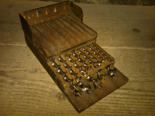 VICTORIAN ERA DRILL BIT SET WALNUT WOOD STORAGE BOX OAK LEAF IRWIN MOHAWK MANUFACTURER MARK