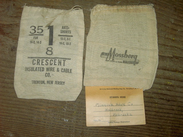 MOSSBERG NEW HAVEN CONNECTICUT SACK TRENTON NEW JERSEY CRESCENT INSULATED WIRE CABLE COTTON BAG HOLBROOK NEBRASKA TAG