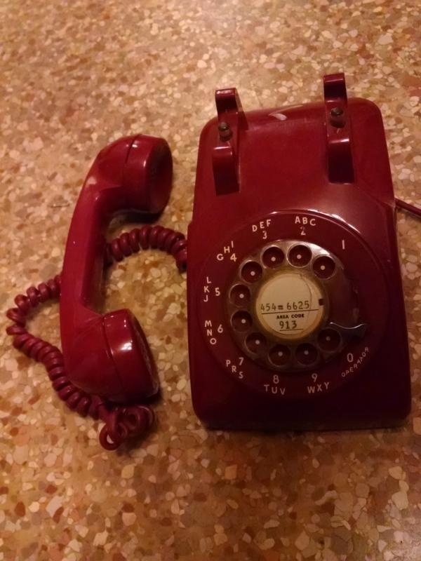 RETRO RED TELEPHONE CRADLE STYLE COMMUNICATION DEVICE ITT BRAND ROTARY DIAL PHONE