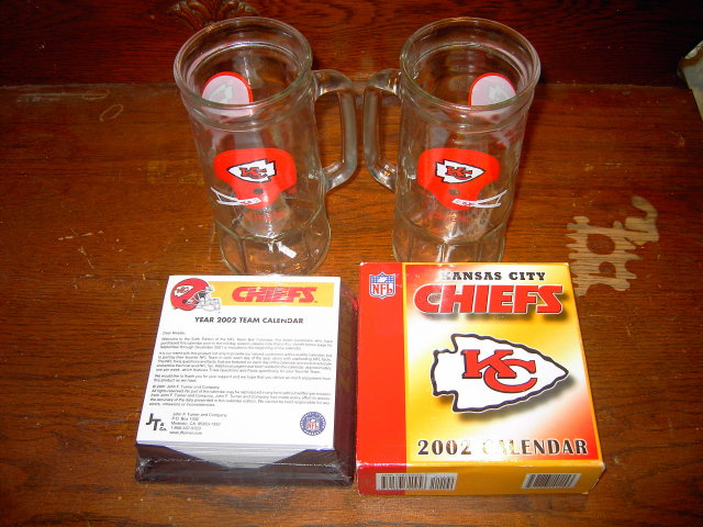 KANSAS CITY CHIEFS TRIVIA CALENDER HELMET LOGO BEER MUGS