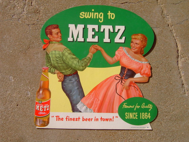 WESTERN SWING DANCE MUSIC COUPLE METZ BEER OMAHA NEBRASKA SIGN CARDBOARD BEVERAGE ADVERTISING POSTER STAND UP PROMOTION
