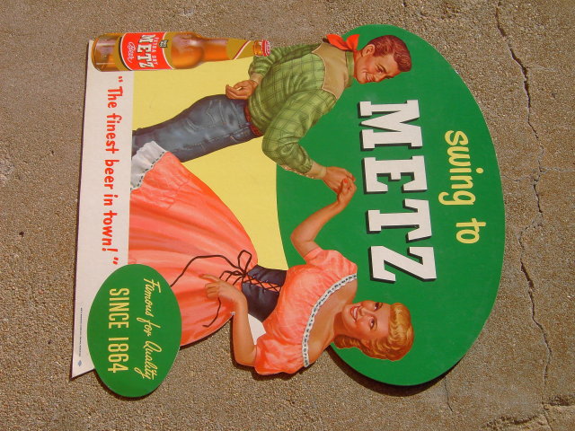 WESTERN SWING DANCE MUSIC COUPLE METZ BEER OMAHA NEBRASKA SIGN CARDBOARD BEVERAGE ADVERTISING POSTER STAND UP PROMOTION