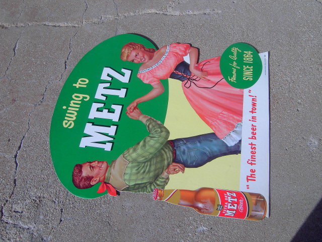WESTERN SWING DANCE MUSIC COUPLE METZ BEER OMAHA NEBRASKA SIGN CARDBOARD BEVERAGE ADVERTISING POSTER STAND UP PROMOTION