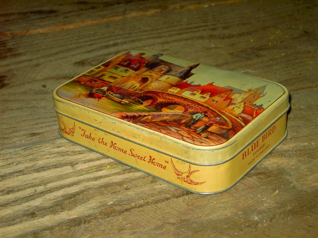 BLUEBIRD ENGLISH TOFFEE CAN HARRY VINCENT BIRMINGHAM HUNNINGTON ENGLAND HOME SWEET HOME ADVERTISING SWEETS CANNISTER