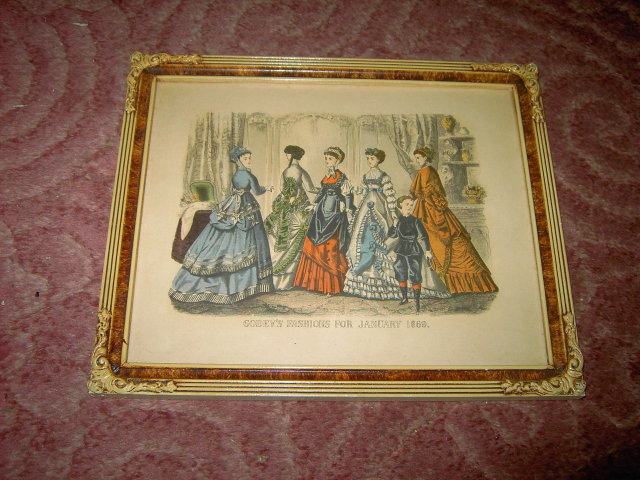 GODEY'S LADY FASHION PRINT 1869 VICTORIAN APPAREL NEW YORK MORRIS BENDIEN MARK ART NOUVEAU FRAME