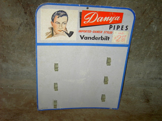 DANYA VANDERBILT IMPORTED DANISH STYLE PIPE BOARD STORE DISPLAY CARD CARDBOARD ADVERTISING SIGN