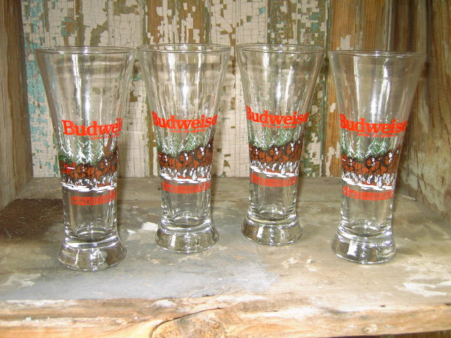 BUDWEISER CLYDESDALE HORSE BEER GLASS ANHEUSER BUSCH BELL STYLE TUMBLER SET BAR UTENSIL