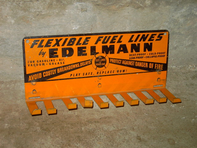 EDELMANN AUTOMOBILE CAR FLEXIBLE FUEL LINE STEEL SIGN WALL DISPLAY ADVERTISING HOOK SERVICE STATION FIXTURE