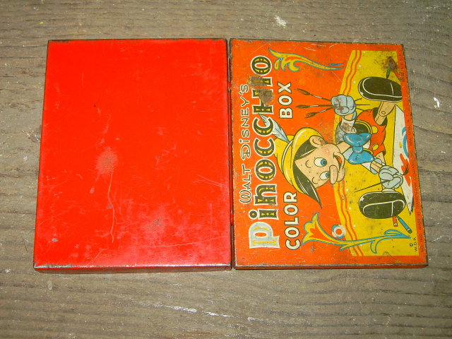 WALT DISNEY PINOCCHIO PAINT BOX TIN STORAGE CANNISTER TRANSOGRAM NEW YORK CITY MANUFACTURER MARK
