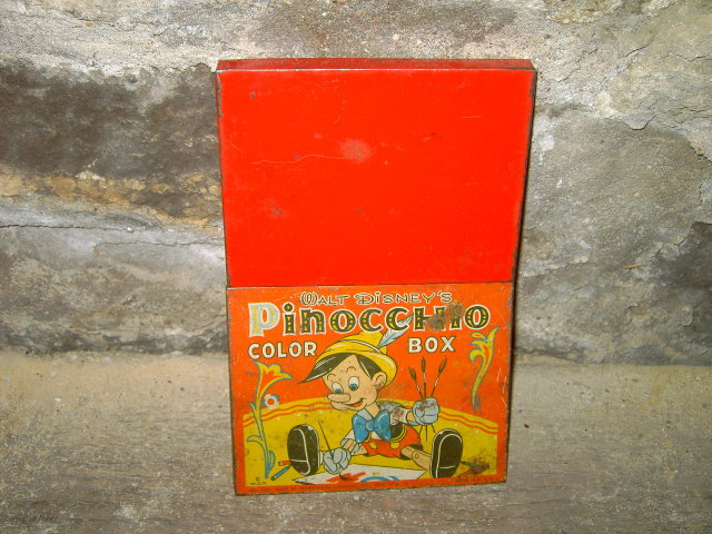 WALT DISNEY PINOCCHIO PAINT BOX TIN STORAGE CANNISTER TRANSOGRAM NEW YORK CITY MANUFACTURER MARK