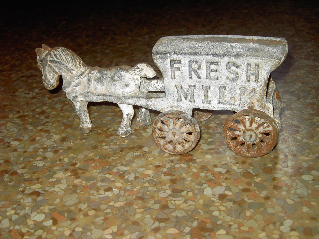 FRESH MILK WAGON HORSE CART CAST IRON TOY